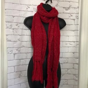 Women’s red and silver cable knit scarf